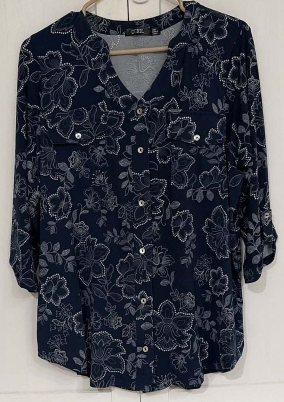 Cure Navy Floral Printed Notch Neck Button-Down Blouse with Pocket Details